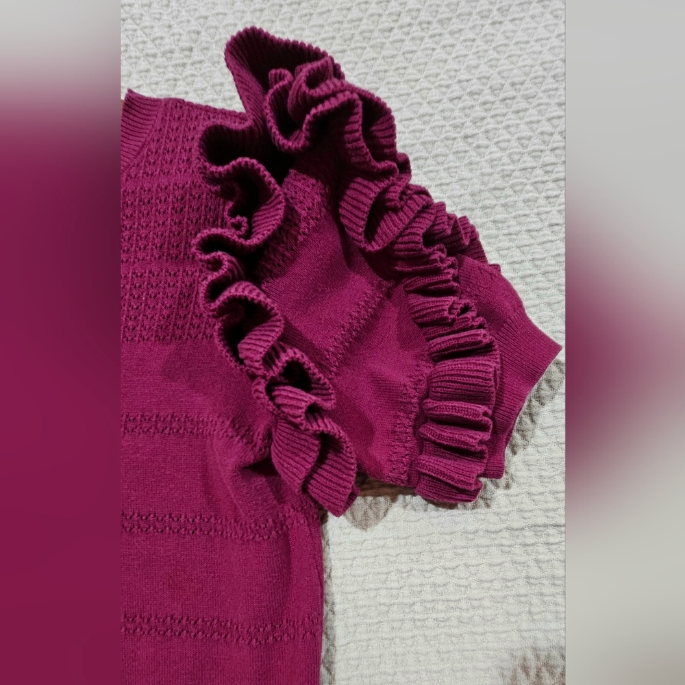 Calligraphie Raspberry Double Ruffled‎ Cap Sleeve Knit Cardigan Sweater Size M - Picture 3 of 5